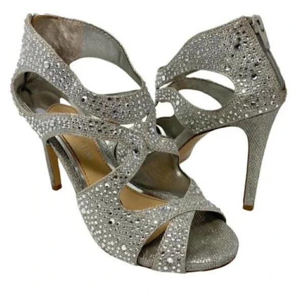 Gianni Bini Silver Sparkle Flame Open-Toe Strappy Heels - Size 7.5 - Picture 2 of 8